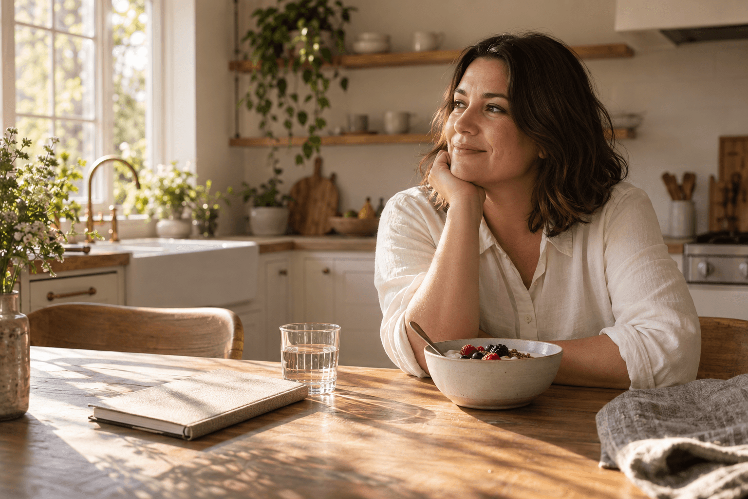 A woman enjoying a quiet, sunlit morning at her kitchen table