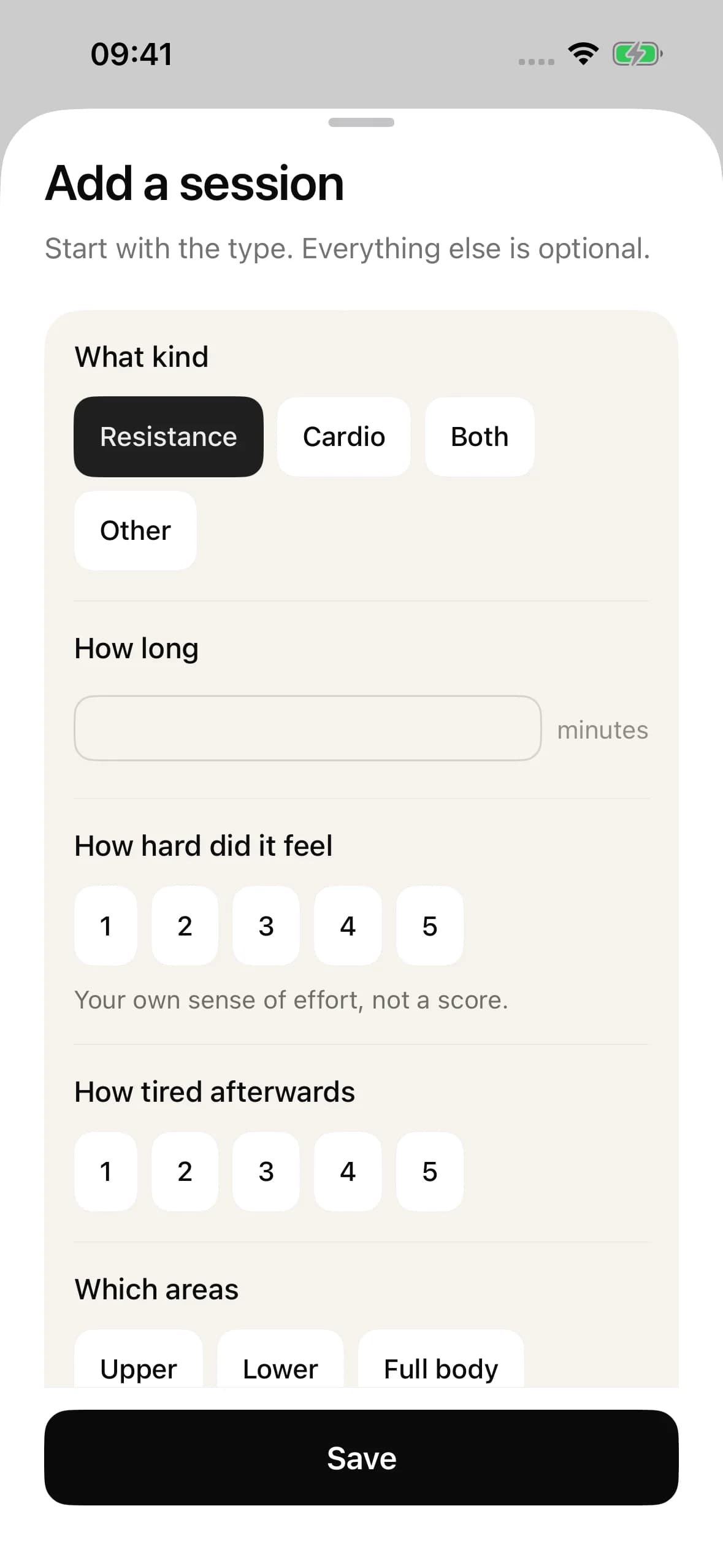 Recording a resistance or cardio session in Handle