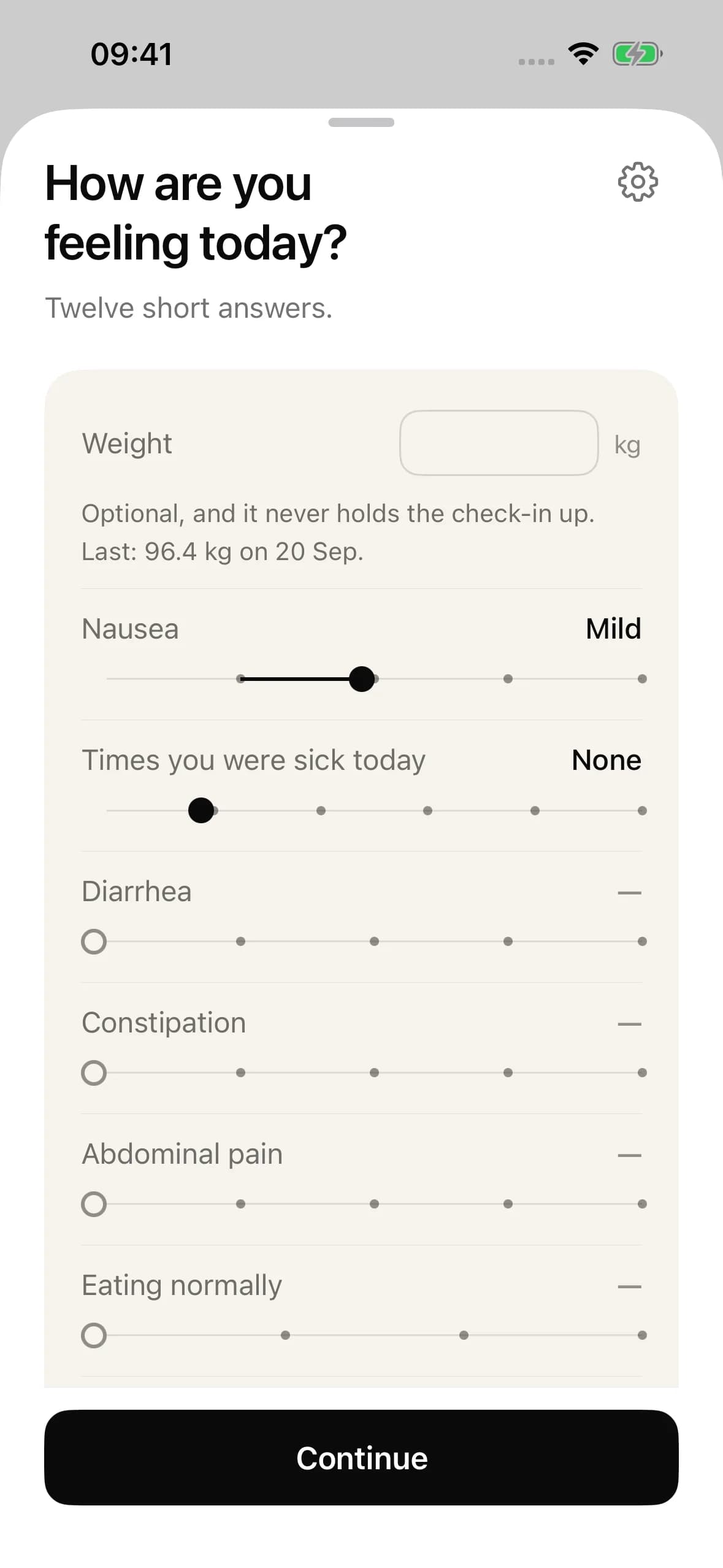 Handle's short daily check-in asking about nausea and the other symptoms the user chose to track