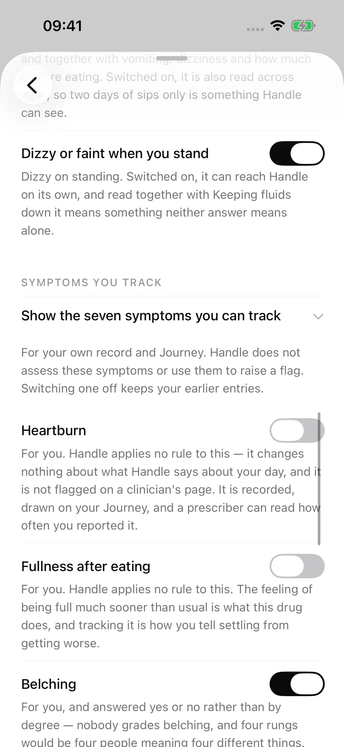 Choosing which symptoms to track in Handle's daily check-in, such as heartburn, fatigue or headache