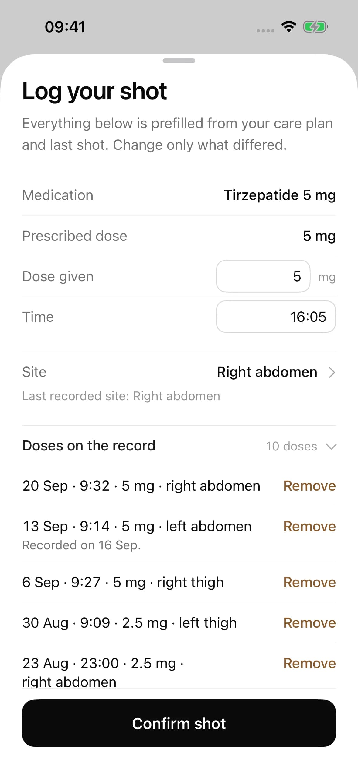 A GLP-1 dose history in Handle, listing each recorded dose with its date and amount
