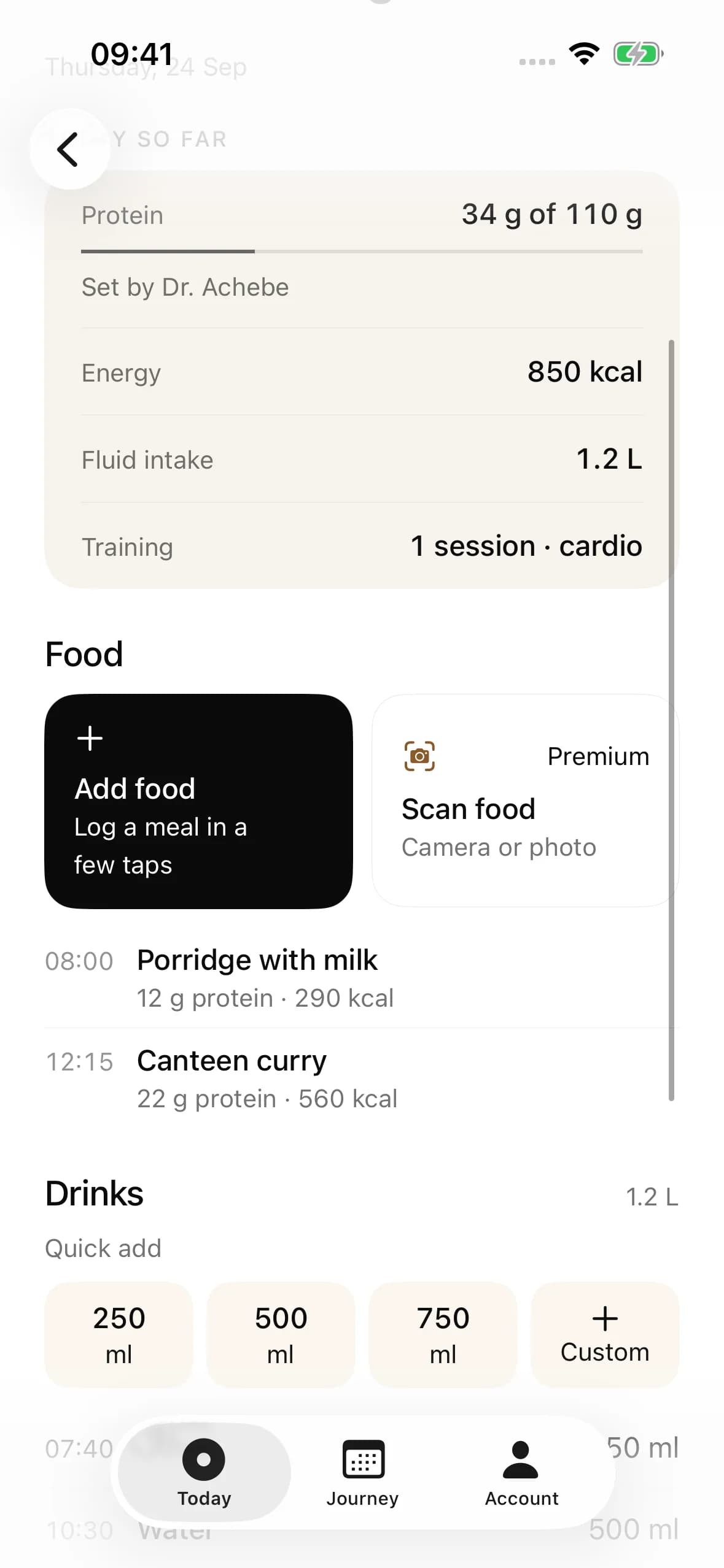 Handle's food and drinks log with protein, fluid and activity totals for the day