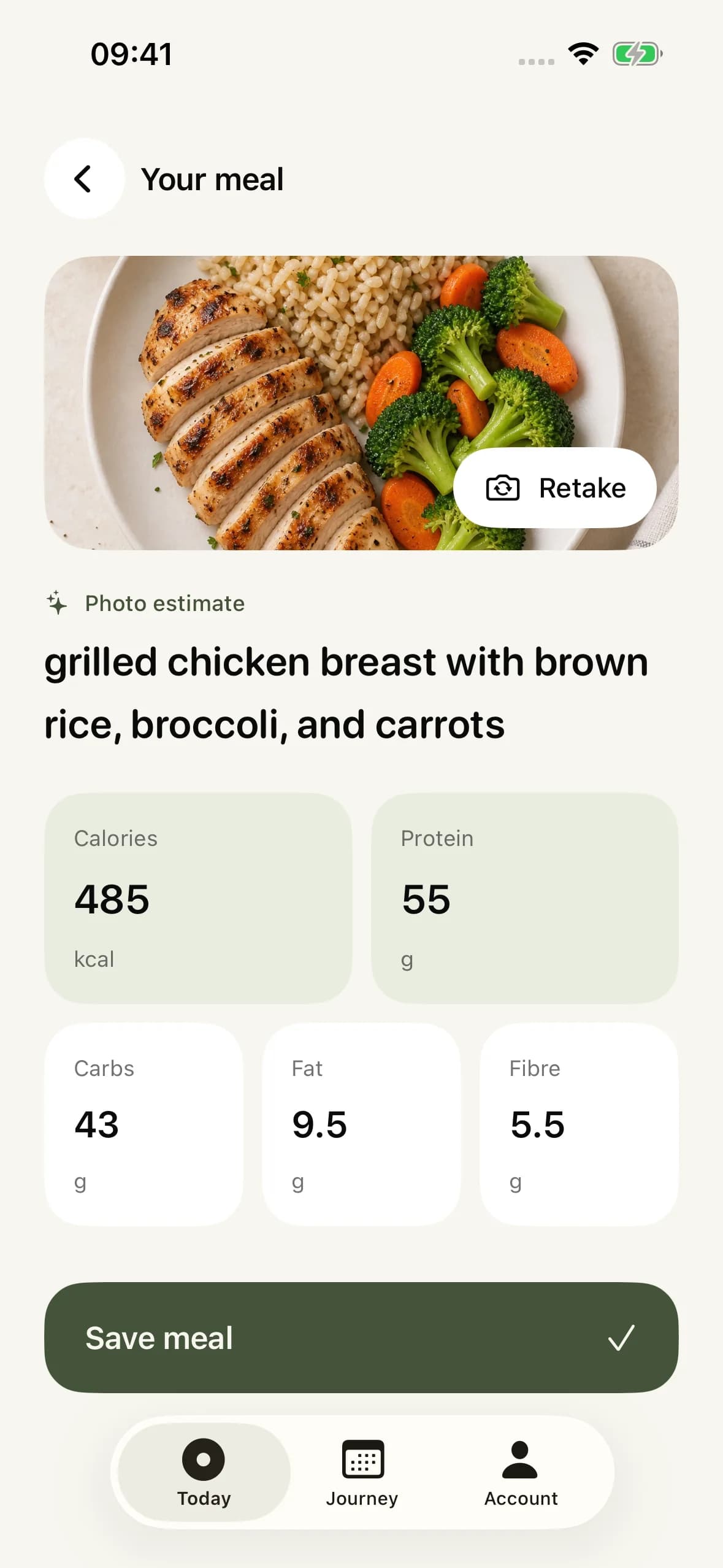 Scanning a meal photo in Handle to estimate its nutrients before saving