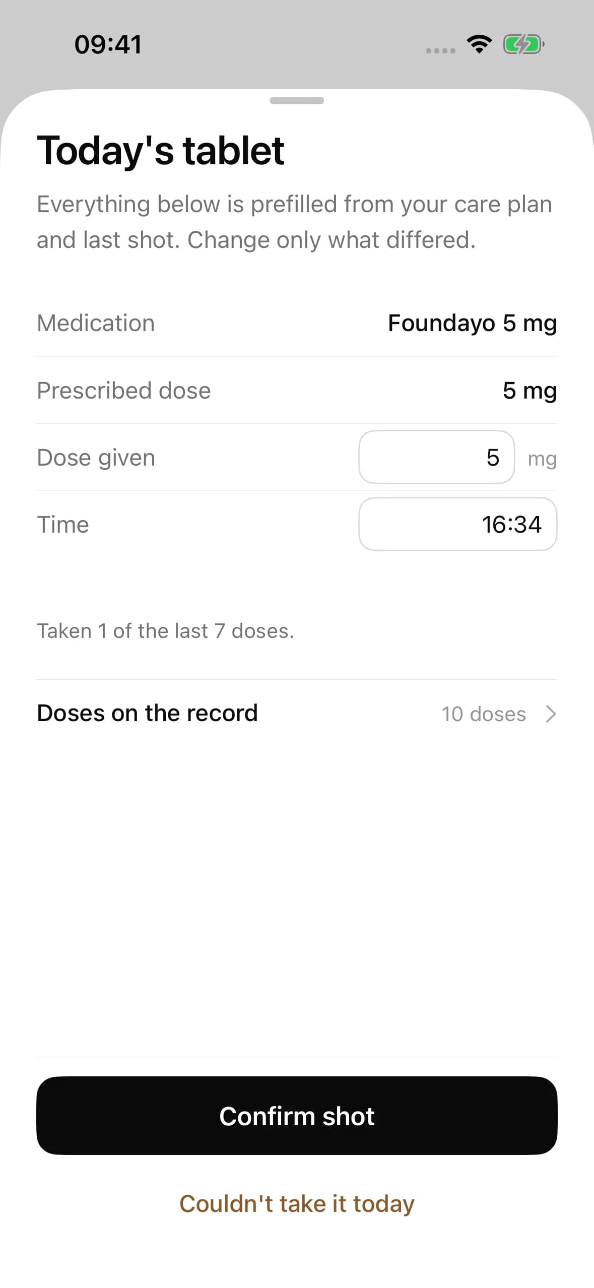 Logging a GLP-1 dose in Handle: the medicine, the amount, the time taken and, for an injection, the site
