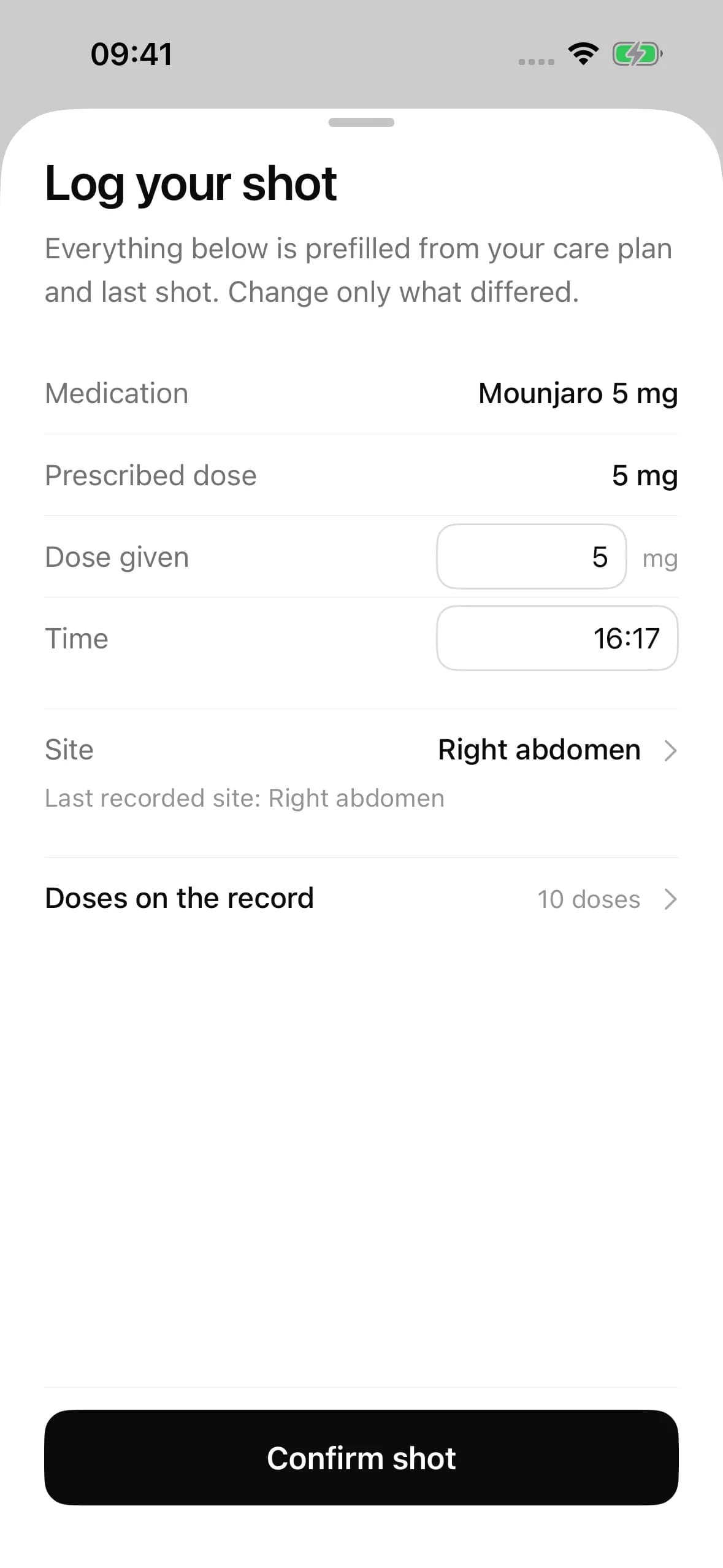 Logging a GLP-1 dose in Handle: the medicine, the amount, the time taken and, for an injection, the site