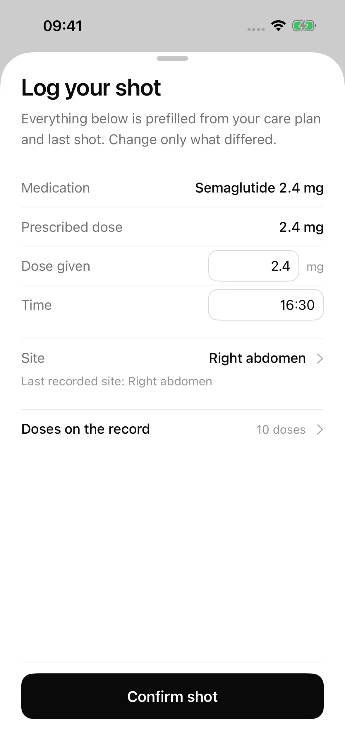 Logging a GLP-1 dose in Handle: the medicine, the amount, the time taken and, for an injection, the site