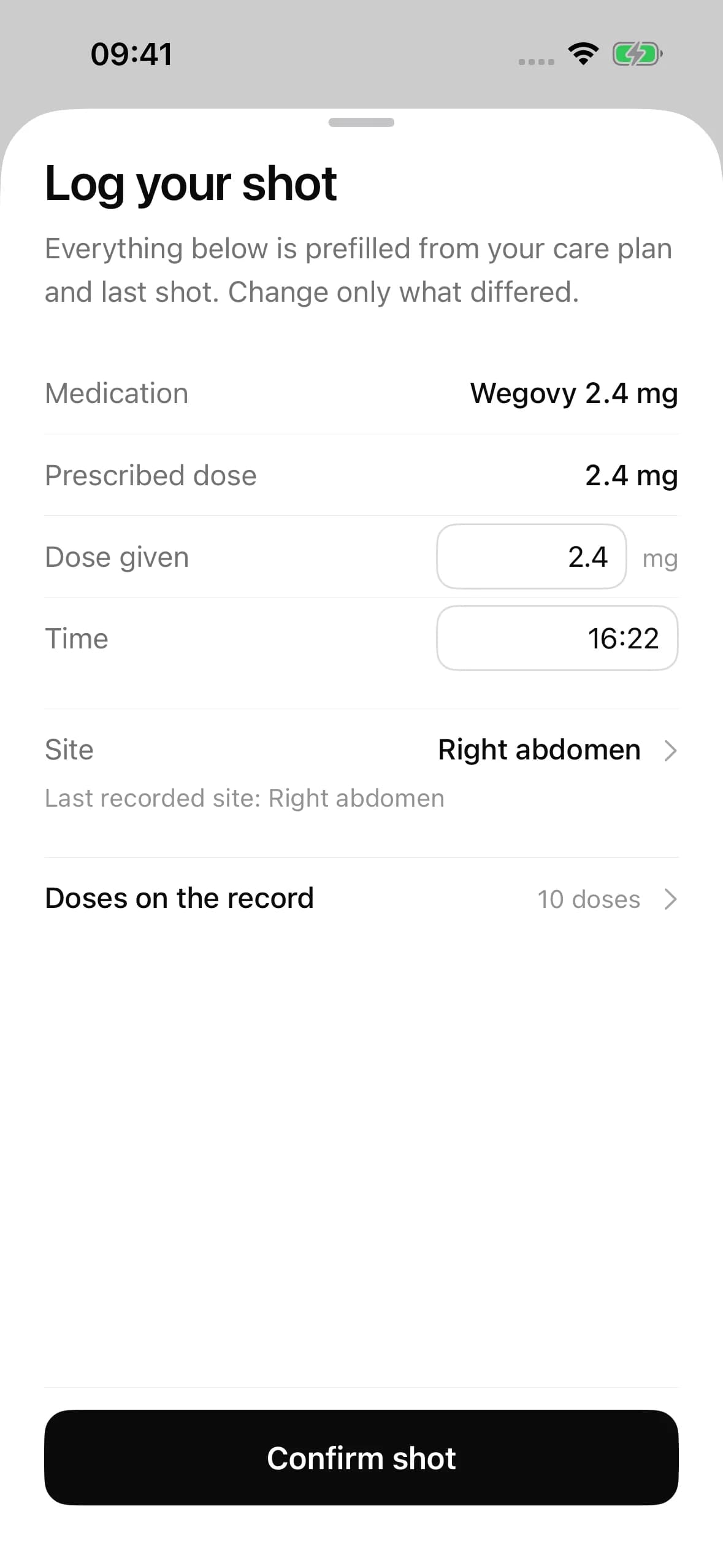 Logging a GLP-1 dose in Handle: the medicine, the amount, the time taken and, for an injection, the site