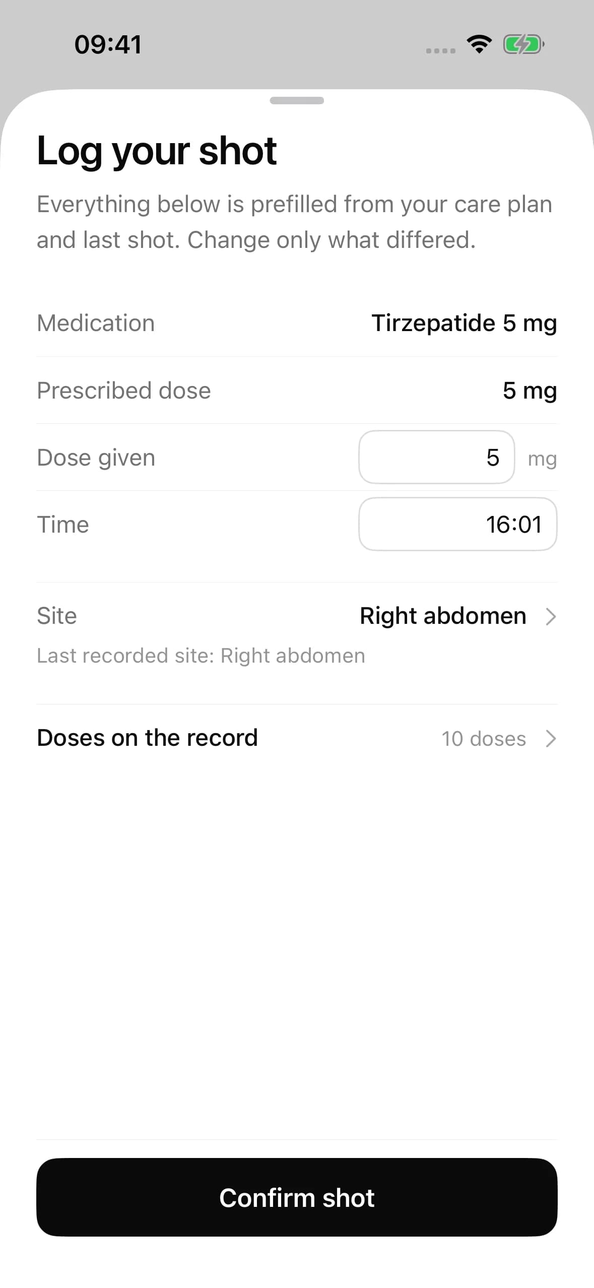 Logging a GLP-1 dose in Handle: the medicine, the amount, the time taken and, for an injection, the site
