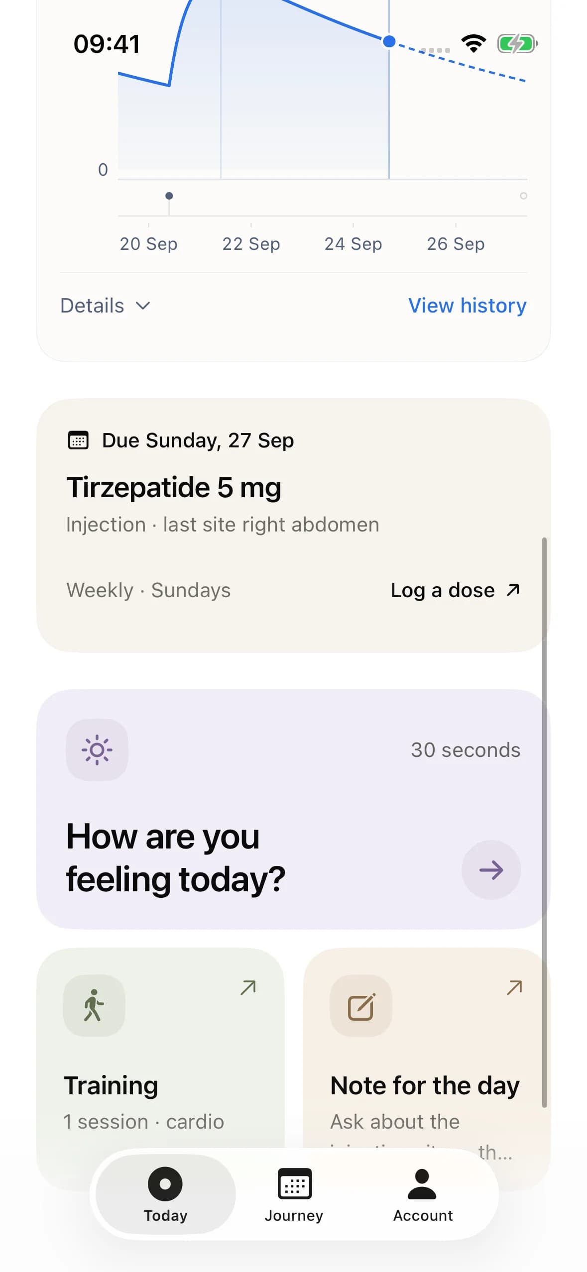 Handle's Today screen on iPhone, with the medication card, the daily check-in and the day's food, drinks and activity
